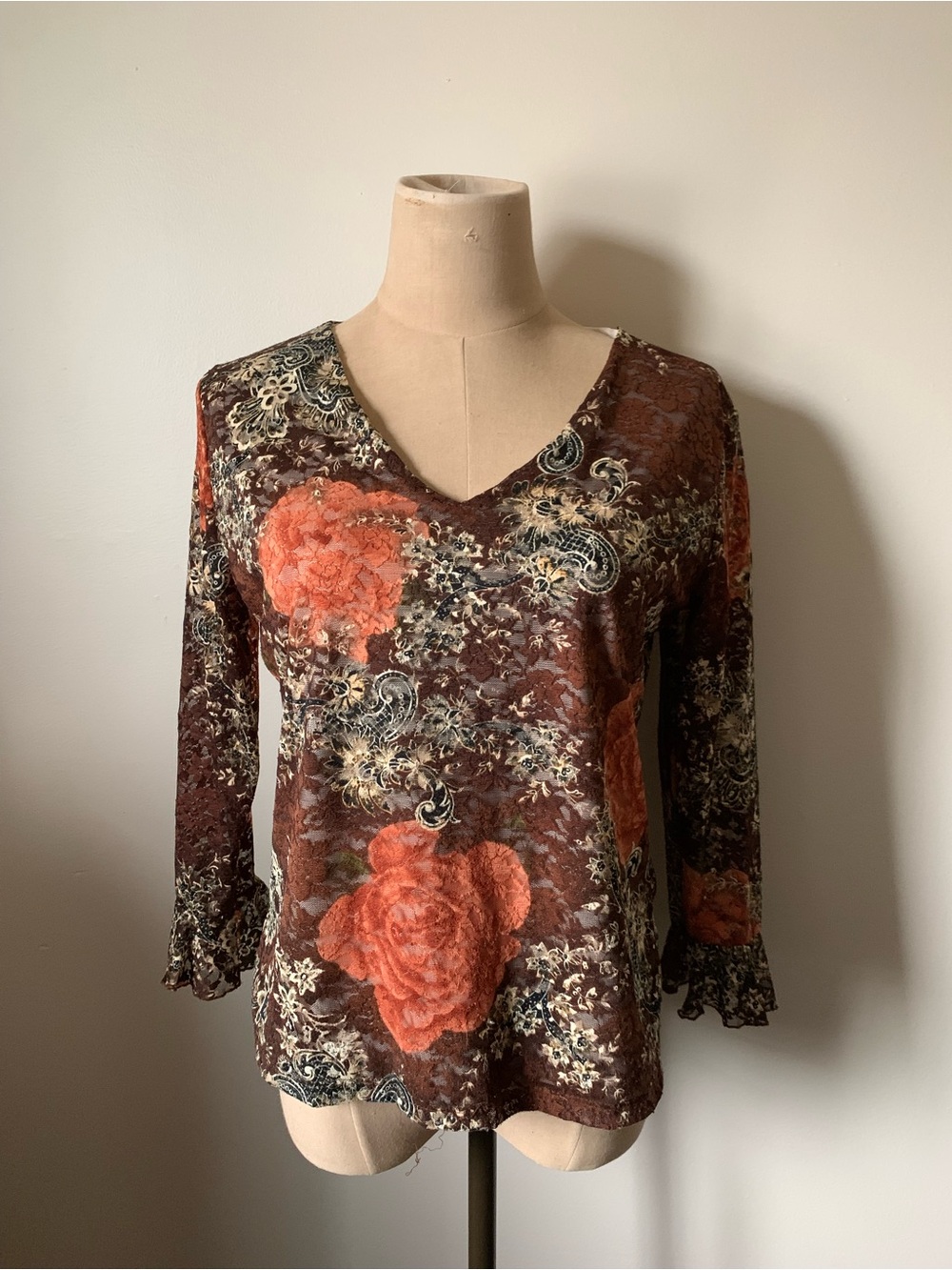 Vintage Ninety Brown Floral Print Sheer Mesh V-Neck Top